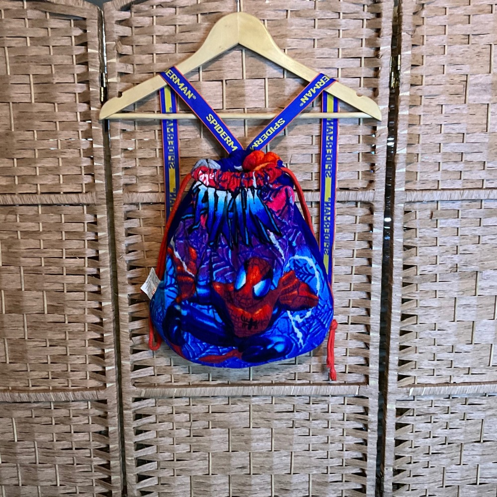 Vintage‎ 2003 Marvel Spider Man Drawstring Backpack Beach Bath Towel Attached